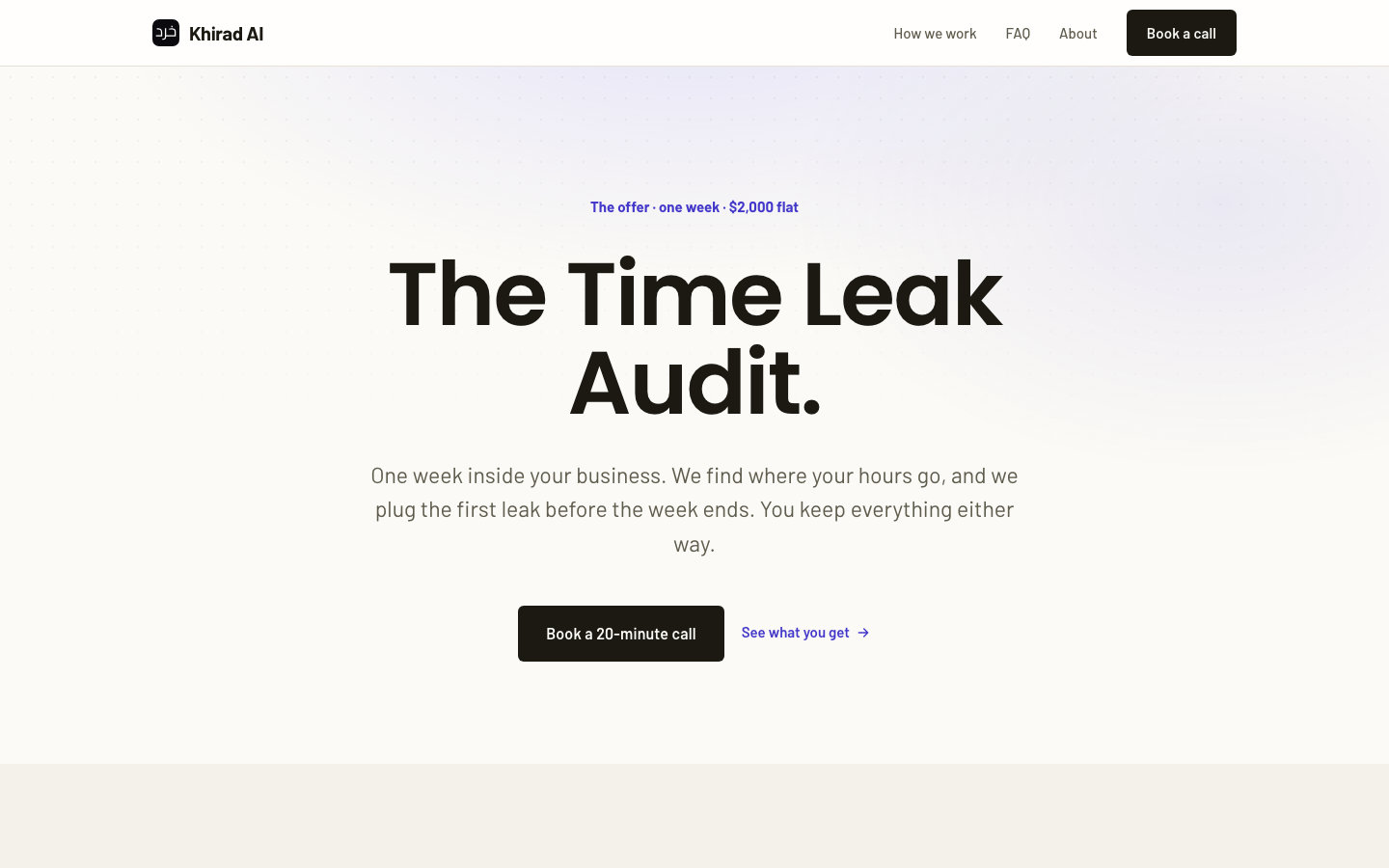 The Time Leak Audit offer page at khirad.ai