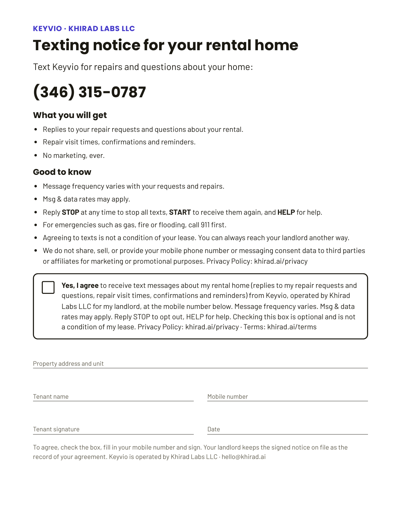 The Keyvio texting notice: what tenants receive, message frequency, message and data rates, STOP, START and HELP, the privacy policy link, and the unchecked consent checkbox, mobile number and signature fields